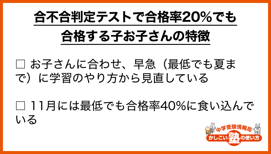 合不合判定テストで合格率20%でも合格する子お子さんの特徴 □ お子さんに合わせ、早急（最低でも夏まで）に学習のやり方から見直している □ 11月には最低でも合格率40%に食い込んでいる