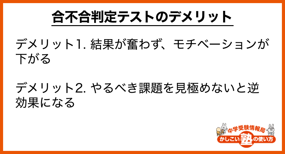 合不合判定テストのデメリット デメリット1. 結果が奮わず、モチベーションが下がる デメリット2. やるべき課題を見極めないと逆効果になる